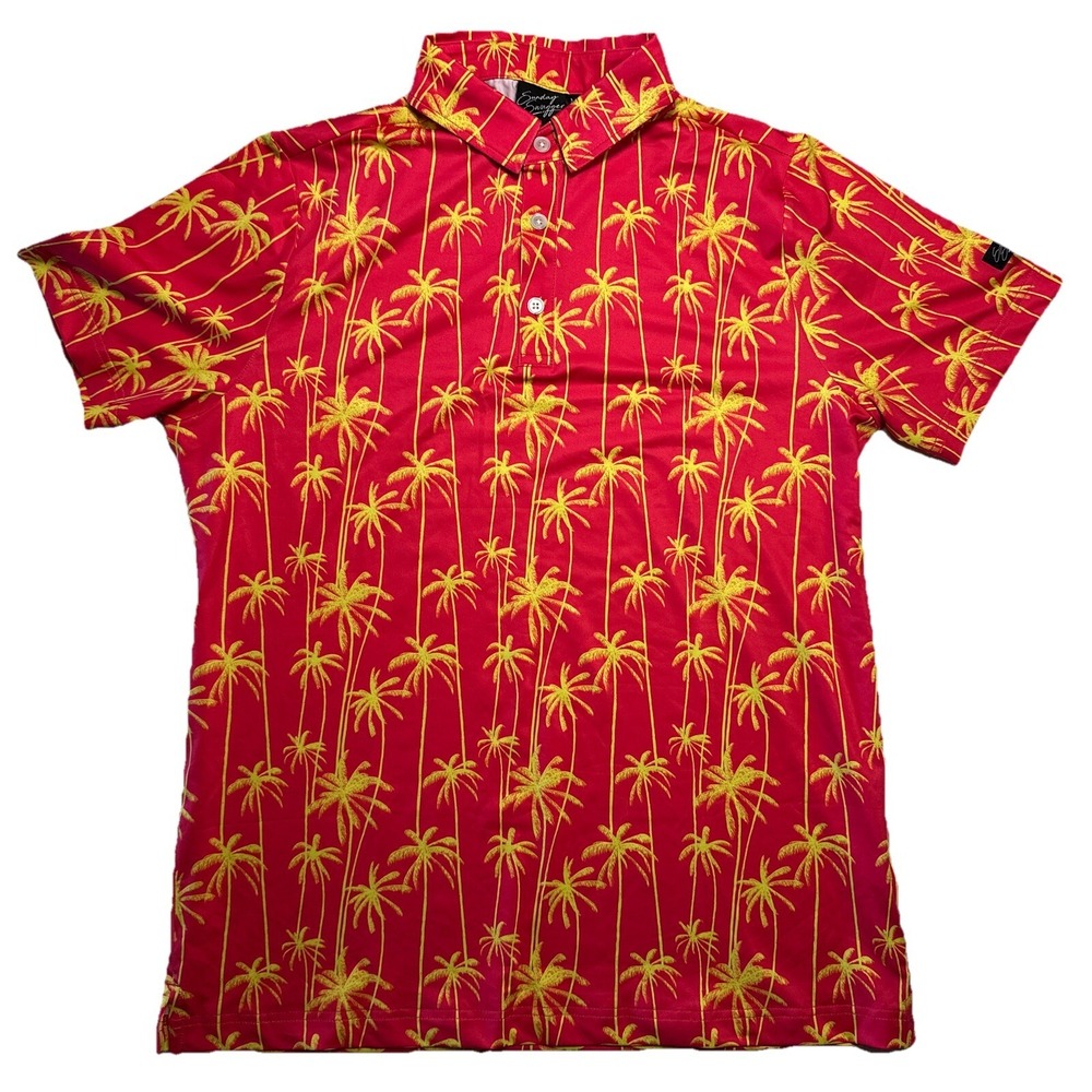 Sunday Swagger‎ Men's Medium Golf Polo Pink/Red Yellow Palm Trees Performance